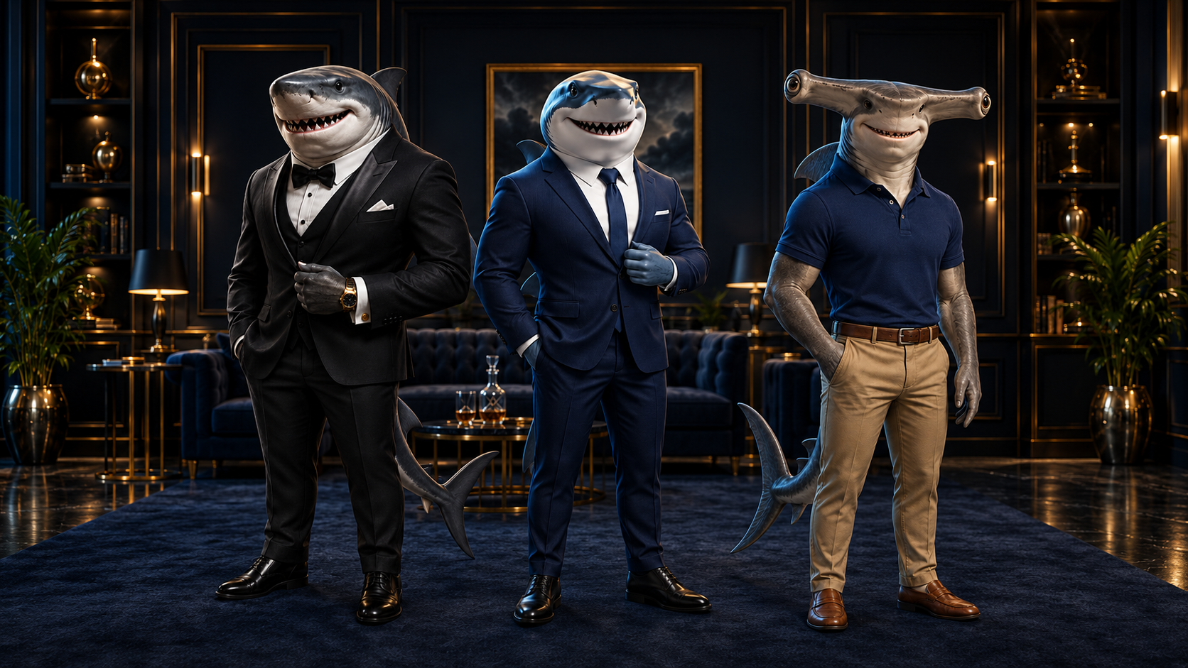 Tuxedo, blue-suit, and polo sharks standing together from head to toe